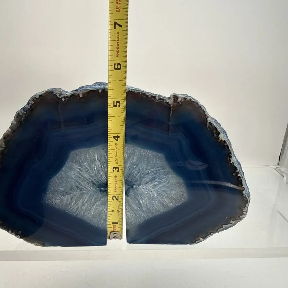 1 Pair 5.25” Polished Blue Brazilian Agate Geodes Bookends W/Beautiful Crystals